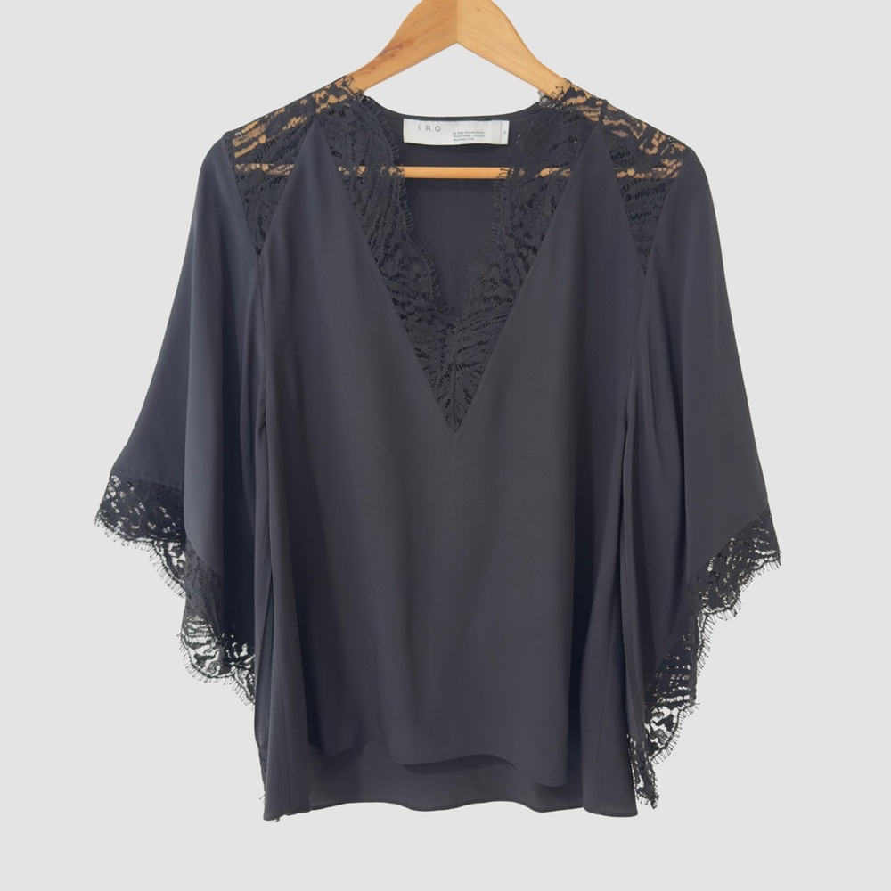 IRO "HAWLK" Black Silk V-Neck Lace Detail Flare Sleeve Blouse Sz EU34 ($516)